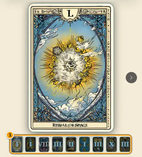 The ritual carousel in the Ascension tab: the Ritual of Space tarot card above a strip of nine small ritual cards marked I, I, VIII, III, II, I, III, X and III.