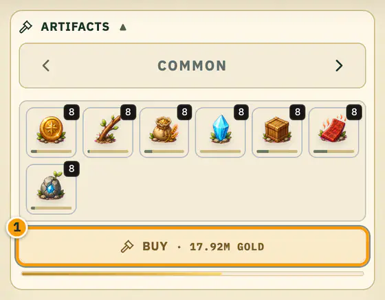 The Artifacts panel on the Common page, showing seven owned Common artifacts and a Buy button priced at 17.92M Gold.