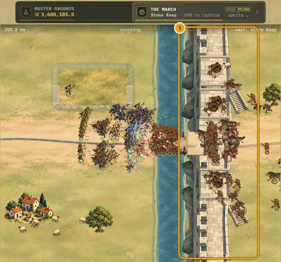 The March on a late-game road: a large army presses across a bridge over a moat toward a stone wall lined with towers, under a header reading Stone Keep, 69% to capture.