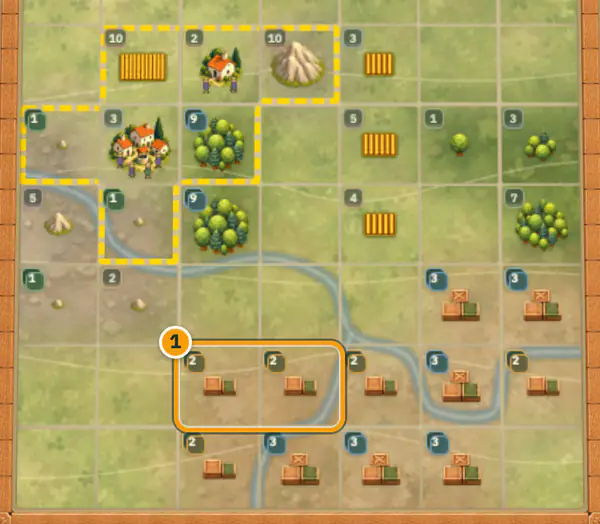 A MergeCiv board with Wheat Fields, Forests, Ore Deposits, a House, a Village and rows of Stockpiles; two neighbouring Tier 2 Stockpiles are circled and numbered 1.