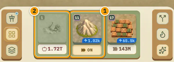 The Spawn Dock: a greyed-out Villager slot priced at 1.72T Food, the Scout previewing its next tile with Auto-scout switched on, and a Stockpile slot priced at 143M Wood.
