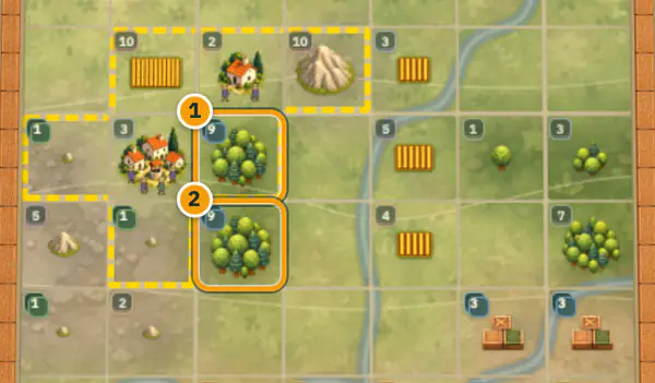 Part of a 7x7 MergeCiv board: a dashed gold work zone around a House and a Village, with one Tier 9 Forest inside the zone circled as 1 and an identical Tier 9 Forest directly below it, outside the zone, circled as 2.