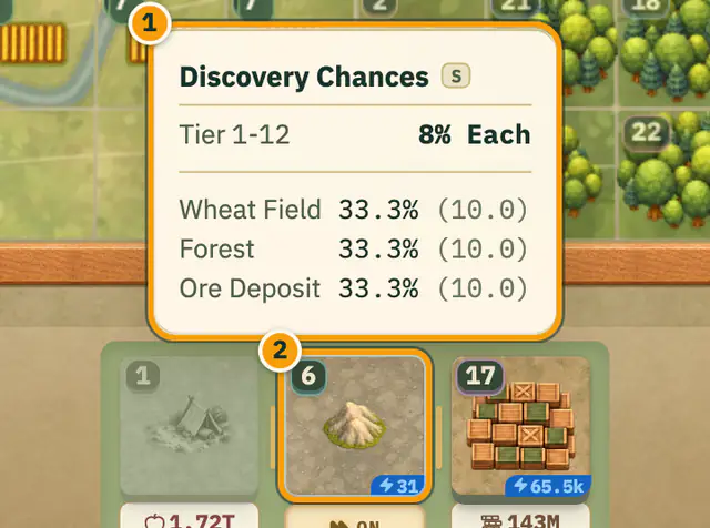 The Discovery Chances tooltip over the Spawn Dock: Tier 1-12 at 8% each, and Wheat Field, Forest and Ore Deposit at 33.3% each.