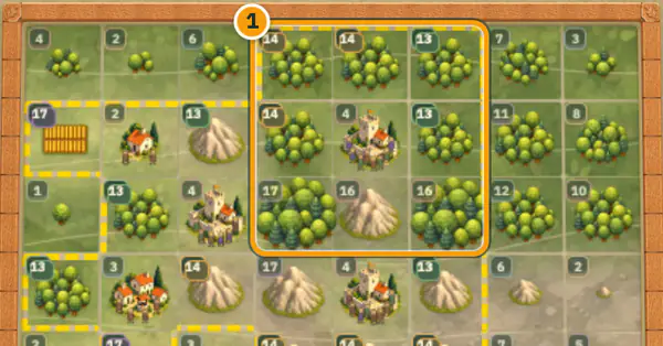 The top of a late-game 8x8 board: a Tier 4 Castle surrounded by seven high-tier Forests and a Tier 16 Ore Deposit, with the whole 3x3 block circled.