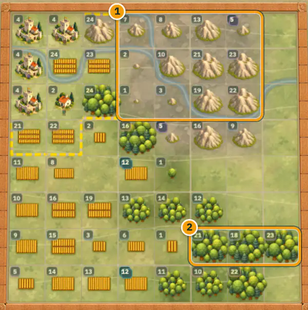 A late-game 8x8 board sorted into neighbourhoods: Castles top left, a block of twelve Ore Deposits circled at the top, Wheat Fields down the left and a row of three high-tier Forests circled at the bottom right.