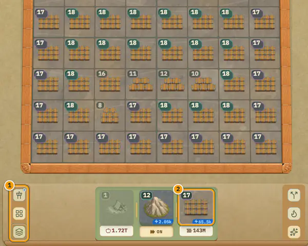 The Underground layer of a late-game save, every cell holding a Tier 8 to Tier 18 Stockpile, with the layer switch and the Stockpile slot of the Spawn Dock circled.