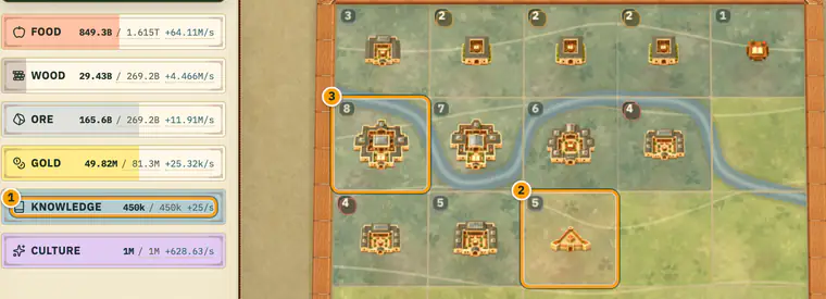 The Citadel layer on desktop: the resource column shows Knowledge at 450k of 450k and +25/s; on the 5x5 Citadel grid a Tier 5 Citadel and a Tier 8 Library are circled among ten more Libraries.